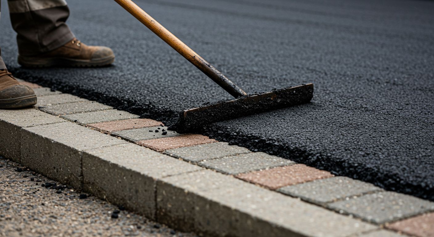 Финишное выравнивание свежего асфальта у бордюра